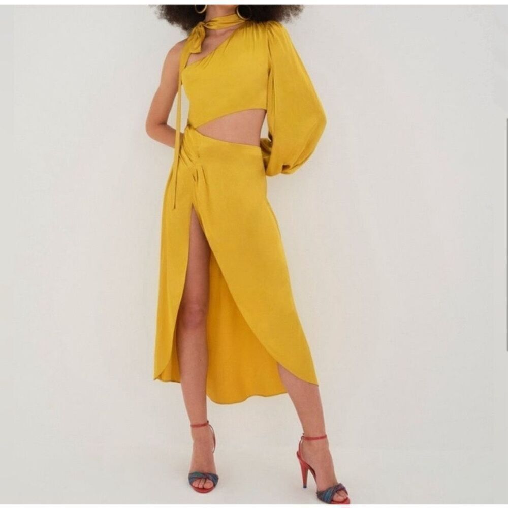 NWT For Love & Lemons Mila Yellow Satin Midi Dress Size XS